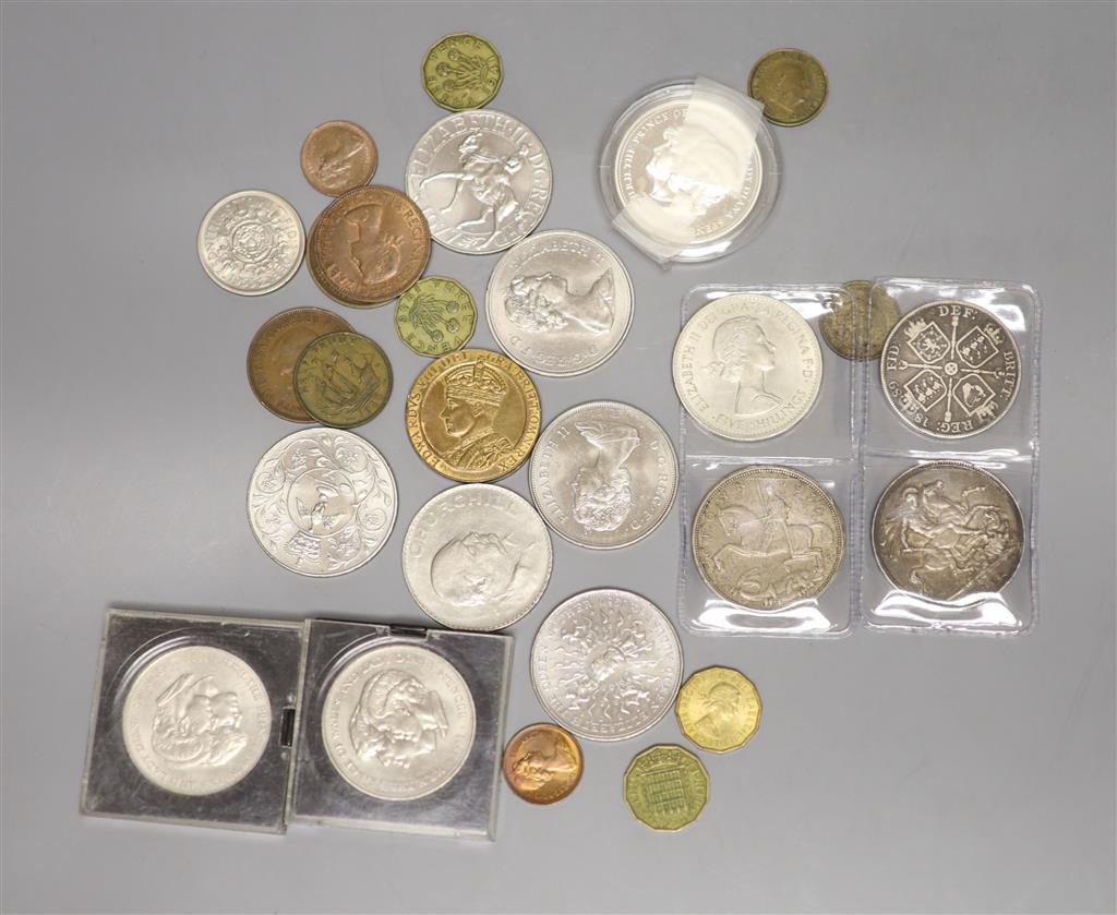 A 1902 silver crown, VF, 1889 half crown, a proof silver Prince of Wales & Lady Diana crown and other UK coins